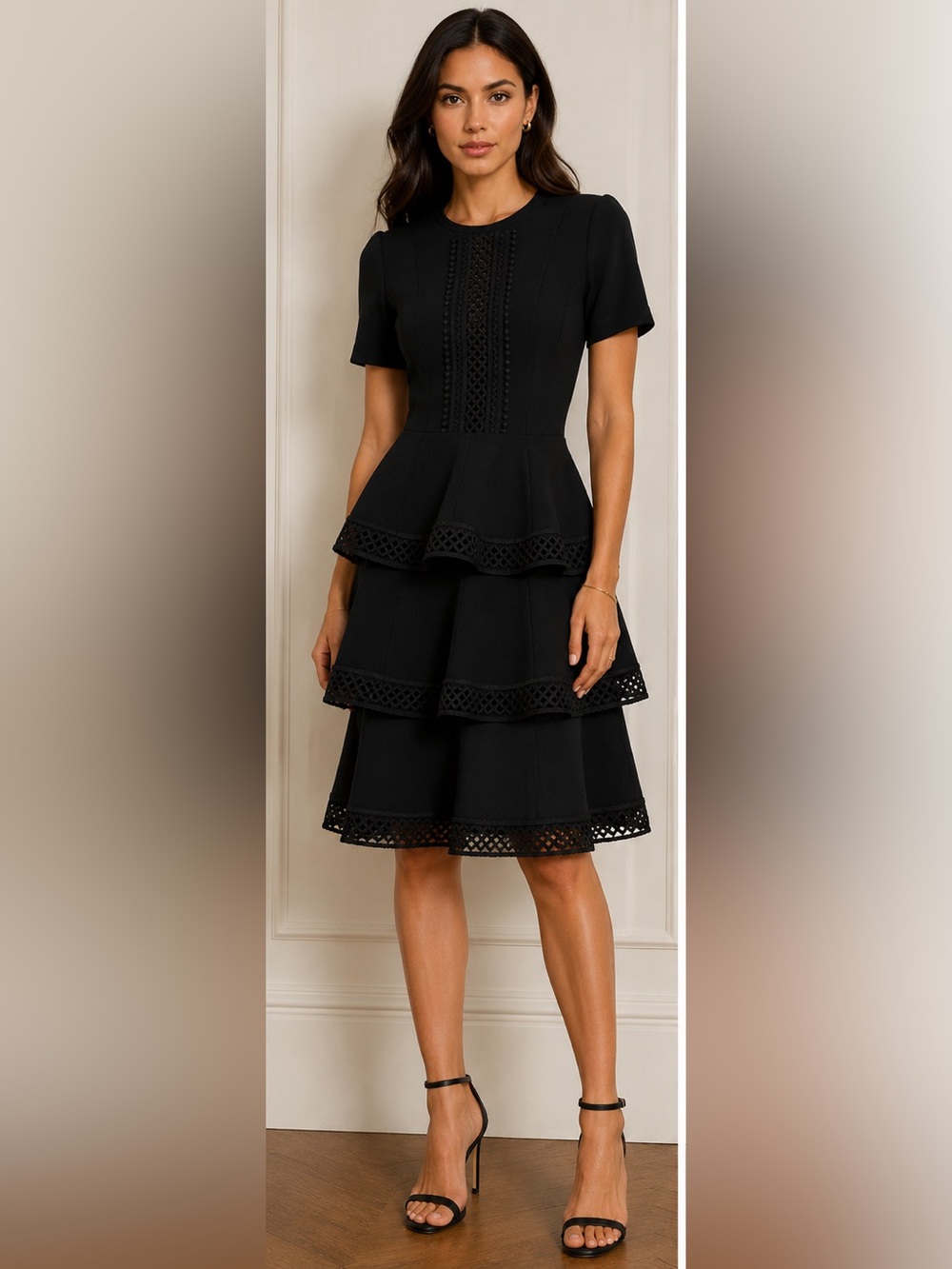 ALEXIS Black Tiered Lattice Trim Dress | Sample Sale | New